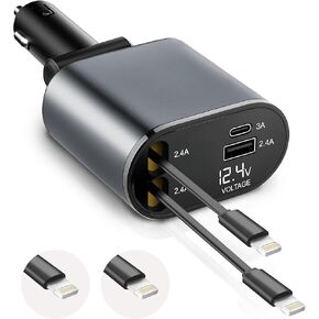 EcoNour Super Fast 4-in-1 Retractable USB C and iPhone Car Charger Adapter | PD30W Multi-Device Charger | 82 cm Long, Flexible & Compact Design | Compatible for iPhone 14/15, Samsung & Android Devices