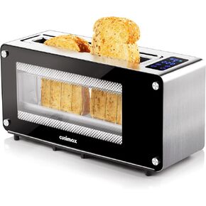 CUSIMAX Toaster 2 Slice Long Slot with Clear View Glass Window,One Touch Digital Control Presets with Automatic Lifting,Slide-out Glass Panel and Easy Clean Up Crumb Tray,Black Toaster