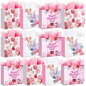 12 Pcs Mother's Day Gift Bags with Handles Medium Mothers Day Gift Bags with Tissue Happy Mothers Day Gift Bags with Handles Floral Paper Gift Wrap Bags for Mom Grandma Wife (6 x 8.3 x 3.2 Inch)