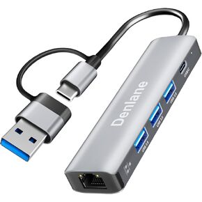 USB C USB3.0 to Ethernet Adapter, 5 in 2 Gigabit Ethernet USB Hub for Laptop with 4-Port USB-A 3.0 and USBC, 1000Mbps RJ45 LAN Network Adapter Compatible with MacBook/iPad Pro/Phone/Tablet..