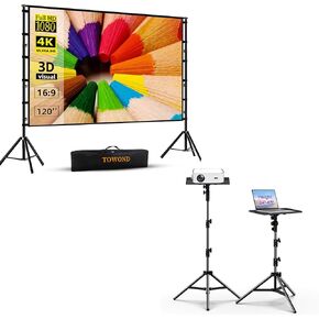 Projector Screen and Stand,Towond 120 Inch, Projector Stand Tripod Projector Mount Portable Laptop Tripod Stand Adjustable Height 24 to 68 Inch