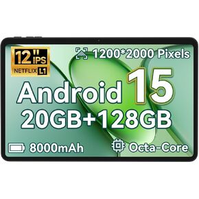 Tablet 12 Inch, Android 15 Tablet, 20GB RAM 128GB ROM 2TB Expand, Tablets with IPS 1200 * 2000,2K Display, T615 Octa Core CPU, 5MP+13MP, Widevine L1, 8000mAh Battery, BT5.2, GPS, 2.4G/5G WiFi