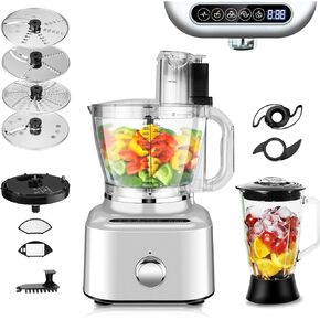 Homtone 16 Cup Food Processor, Large 11-in-1 Kitchen Processors and Blender Combo for Home Use with 5 Preset Modes for Chopping, Smoothies, Ice Crusher，Auto Clean, Stepless Speed Control, 650W, Silver