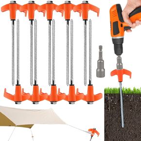 10 Pcs 8'' Screw in Tent Stakes Tent Pegs Heavy Duty, Camping Stakes for Inflatables with Hex Head Driver, Ground Stakes Tent Spikes for Camping Patio, Garden, Beach, Grassland, Outdoor(Orange)