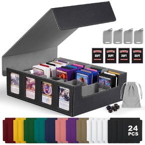 Trading Card Storage Box with Commander Display , 5-Row Deck Case with Removable Lid; 3900+ Card Deck Box for MTG TCG Sports Card, 5 Toploaders, 5 Stoppers, 48 Dividers,1 Dice Tray (Black Purple)