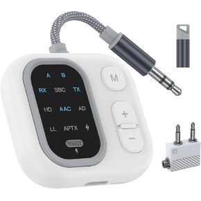 js5 Bluetooth Wireless Transmitter Receiver مع APTX LL ، ودعم 2 Airpods/Loyless Headones ، محول صوت AUX 3.5 ملم للطائرات أو القوارب أو في صالة الألعاب الرياضية ، المنزل ، السيارات