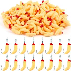Fabbay 200 Pcs 20mm Soft Maggot Baits Fake Bread Worms for Fishing Lures for Artificial Wax Worms Gross Plastic Worms for Freshwater Saltwater Lake Trout Ice Fishing Lure