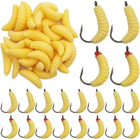20 Pcs 22mm Rubber Maggots Fishing Bait with Hooks + 30 Pcs Soft Maggot Bait Bread Worm, Fishing Lures Worms Bulk Fishing Grubs for Trout, Crappie, Pan Fish, Bluegill, Fresh Water Fishing Lure Set