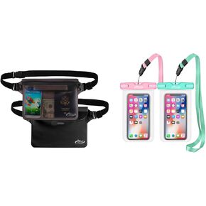 AiRunTech Waterproof Pouch | Way to Keep Your Phone and Valuables Safe and Dry | for Boating Swimming Snorkeling Kayaking Beach Pool (2 Phone Cases(Green + Pink) + 2 Fanny Packs(Black+Gray))