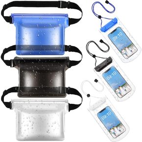 3 Pcs Waterproof Fanny Pack Waterproof Pouches with Waist Strap Screen Touchable Dry Bag and 3 Pcs Universal Waterproof Cell Phone Case for Outdoor Water Sports,Boating,Hiking (Clear, Black, Blue)
