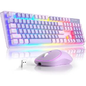 MageGee V550 Wireless Gaming Keyboard and Mouse, 2.4G Full-Sized RGB LED Computer Keyboards with Transparent Shell, Rechargeable Quiet Cordless Mouse & Keyboard Combo for Laptop/PC/Desktop (Purple)