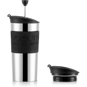 Bodum Travel French Press Coffee Maker Set, Stainless Steel with Extra Lid, Vacuum, 0.35 L/12 oz, White