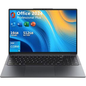 EYY 16" Laptop Computer Intel Core i5 Processor, Windows 11 Pro Laptop 16GB(8+8) RAM 512GB SSD, 1920 x 1200 FHD 16:10 Display, MS Office 2024, Notebook with Backlit Keyboard, WiFi, BT5.0, RJ45, HDMI