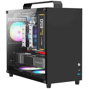 V500 Mini Portable M-ATX/ITX Computer Case, Mini-Tower CASE, Full Side Glass Transparent DIY Desktop Case with Handle, Support 320MM GPU Size (Black-2.0)