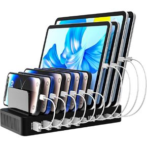 100W 10-Port Smart Charging Station | 5 USB-A & 5 USB-C Ports | Organized Design for Cellphones, Tablets, Watches & More (Black)