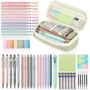 56 PCS Aesthetic School Supplies with Large Pencil Case, 5 Inspirational Ballpoint Pens, 12 Pastel Highlighters, 5 Black Ink Gel Pens, 6 Mechanical Pencils 0.5-0.7mm Student Essentials (Pink)