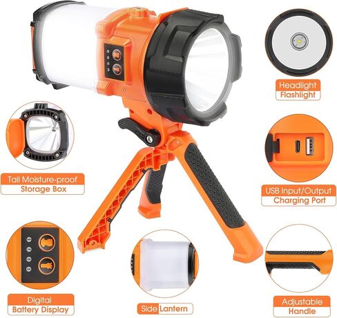 Rechargeable Camping Lantern, 6 Modes LED Flashlight Handheld Spotlight with 2000LM, 4400mAh Power Bank, IPX4 Waterproof Searchlight Work Light for Emergency Hiking Survival Kits in Kuwait