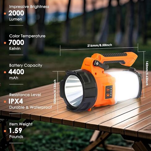 Rechargeable Camping Lantern, 6 Modes LED Flashlight Handheld Spotlight with 2000LM, 4400mAh Power Bank, IPX4 Waterproof Searchlight Work Light for Emergency Hiking Survival Kits in Kuwait