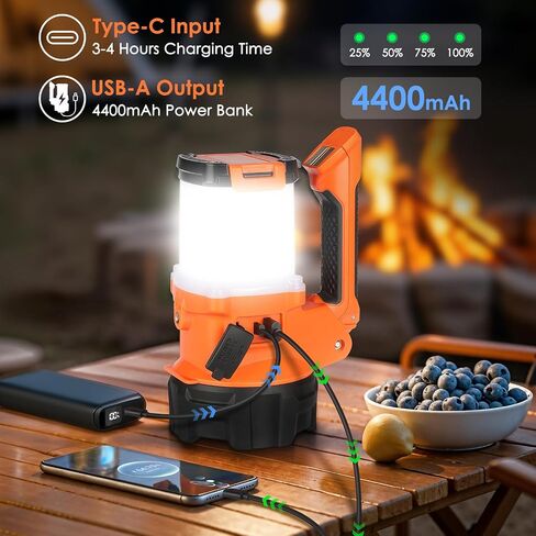 Rechargeable Camping Lantern, 6 Modes LED Flashlight Handheld Spotlight with 2000LM, 4400mAh Power Bank, IPX4 Waterproof Searchlight Work Light for Emergency Hiking Survival Kits in Kuwait