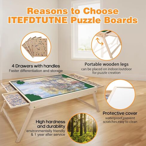 Jigsaw Puzzle Table with Folding Legs, 34 "x 26" Wooden Puzzle Table with 4 Drawers and Cover, Portable Puzzle Enlightenment Board for Puzzle Storage and Sorting - 1500 Piece in Saudi Arabia