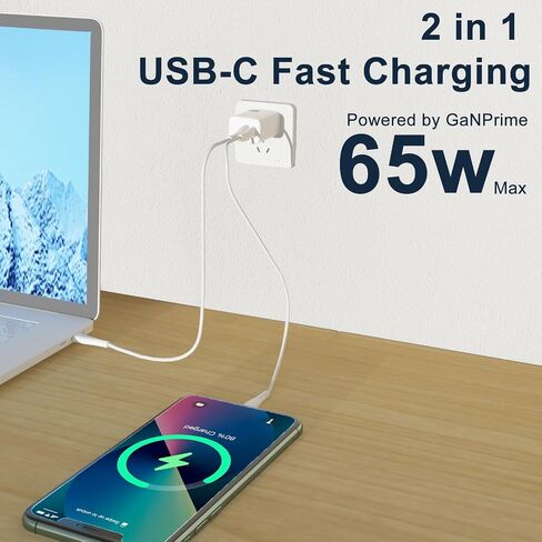 USB C Charger,65W Quick Charger, PPS 2-Port Fast Compact Foldable for MacBook/Air, iPad Pro, Galaxy S23, Dell XPS 13,iPhone 15/Pro, Steam Deck, and More (White) in Kuwait