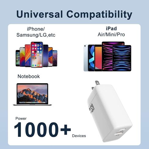 USB C Charger,65W Quick Charger, PPS 2-Port Fast Compact Foldable for MacBook/Air, iPad Pro, Galaxy S23, Dell XPS 13,iPhone 15/Pro, Steam Deck, and More (White) in Kuwait