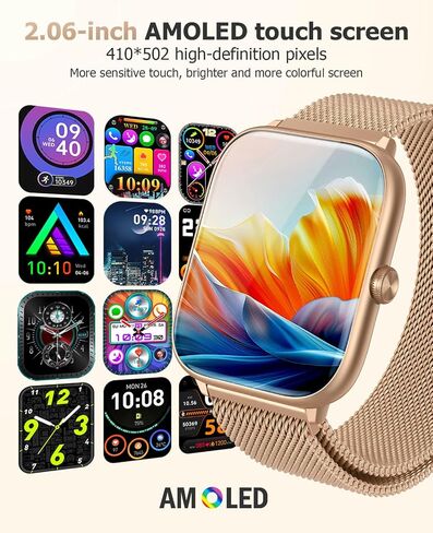 Pink Smart Watch for Women, Bluetooth Call, Blood Pressure, 2.06" AMOLED, 118 Sports, Fitness Tracker, Heart Rate/SpO2/Sleep/Stress Monitor, IP68 Waterproof, Liquid Silicone, Gift for Her Android iOS in Kuwait