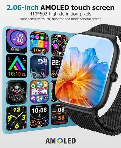 2.06" AMOLED Smart Watches with Blood Pressure, 118 Sports Modes, Fitness Activity Tracker for Men Women, Heart Rate Sleep SpO2 and Stress Monitor, IP68 Waterproof, Compatible with Android and iPhone in Kuwait