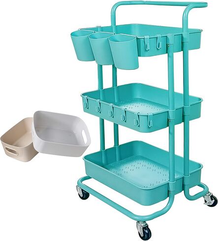 3 فائدة من فائدة العربة المتداولة تخزين رف الجرف مع 3pcs أكواب معلقة + 8pcs السنانير + 2pcs صندوق تخزين للمكتب المنزل تخزين الحمام المطبخ (الوردي 3 كوب + 8 هوك + 2 صندوق تخزين) in Kuwait