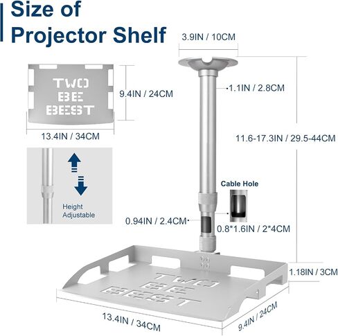 2-Be-Best Projector Ceiling Mount with Tray, 14.4-23.6IN / 37-60CM Height Adjustable Projector Tray Mount 360° Rotation Ceiling Projectors Mount Universal Projectors Shelf Upgraded Silver in Saudi Arabia