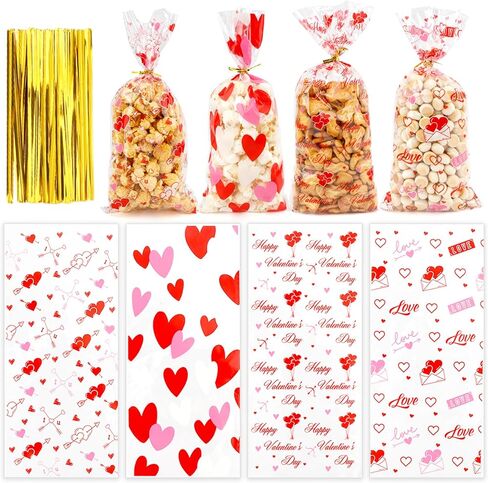 100Pcs Valentines Cellophane Treat Bags Red Love Goodie Bags with Twist Ties Heart Print Gift Bags Plastic Candy Bags Party Favors Bags for Valentine's Day Birthday Wedding Party Supplies in Saudi Arabia