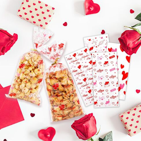 100Pcs Valentines Cellophane Treat Bags Red Love Goodie Bags with Twist Ties Heart Print Gift Bags Plastic Candy Bags Party Favors Bags for Valentine's Day Birthday Wedding Party Supplies in Saudi Arabia