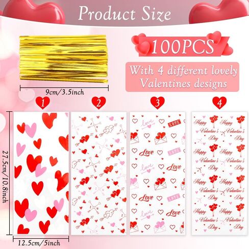 100Pcs Valentines Cellophane Treat Bags Red Love Goodie Bags with Twist Ties Heart Print Gift Bags Plastic Candy Bags Party Favors Bags for Valentine's Day Birthday Wedding Party Supplies in Saudi Arabia