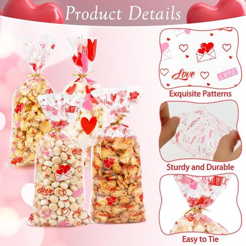 100Pcs Valentines Cellophane Treat Bags Red Love Goodie Bags with Twist Ties Heart Print Gift Bags Plastic Candy Bags Party Favors Bags for Valentine's Day Birthday Wedding Party Supplies in Saudi Arabia
