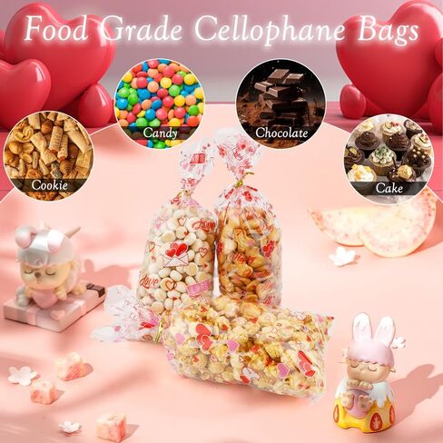 100Pcs Valentines Cellophane Treat Bags Red Love Goodie Bags with Twist Ties Heart Print Gift Bags Plastic Candy Bags Party Favors Bags for Valentine's Day Birthday Wedding Party Supplies in Saudi Arabia