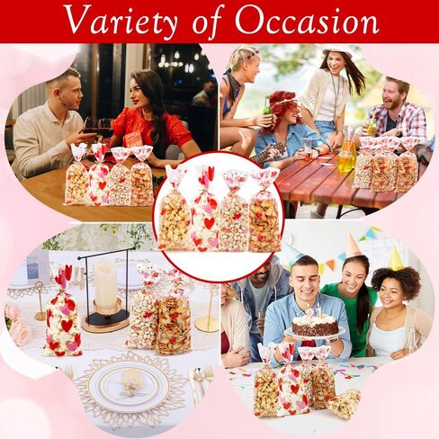 100Pcs Valentines Cellophane Treat Bags Red Love Goodie Bags with Twist Ties Heart Print Gift Bags Plastic Candy Bags Party Favors Bags for Valentine's Day Birthday Wedding Party Supplies in Saudi Arabia