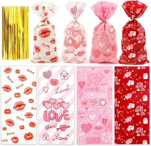 100Pcs Valentines Cellophane Treat Bags Red Love Goodie Bags with Twist Ties Heart Print Gift Bags Plastic Candy Bags Party Favors Bags for Valentine's Day Birthday Wedding Party Supplies in Saudi Arabia