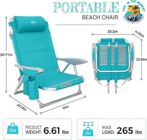 #WEJOY Folding Beach Chair for Adults, 4-Position Aluminum Lightweight Beach Chair, Low Sands Chairs with Shoulder Strap, Cup Holder and Padded Headrest, Supports 265lbs for Lawn in Saudi Arabia