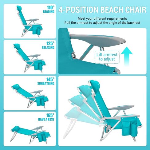 #WEJOY Folding Beach Chair for Adults, 4-Position Aluminum Lightweight Beach Chair, Low Sands Chairs with Shoulder Strap, Cup Holder and Padded Headrest, Supports 265lbs for Lawn in Saudi Arabia