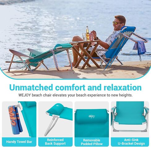 #WEJOY Folding Beach Chair for Adults, 4-Position Aluminum Lightweight Beach Chair, Low Sands Chairs with Shoulder Strap, Cup Holder and Padded Headrest, Supports 265lbs for Lawn in Saudi Arabia