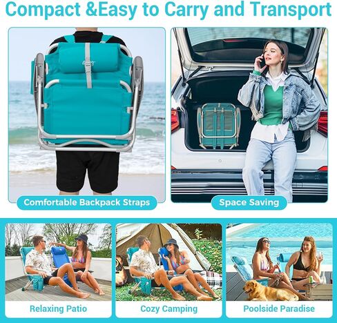 #WEJOY Folding Beach Chair for Adults, 4-Position Aluminum Lightweight Beach Chair, Low Sands Chairs with Shoulder Strap, Cup Holder and Padded Headrest, Supports 265lbs for Lawn in Saudi Arabia