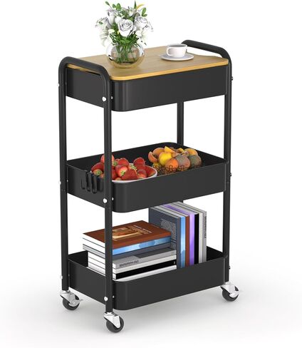 3 Tier Metal Utility Cart, Rolling Storage Cart with Wooden Tabletop, Metal Organizer Cart with Lockable Wheels for Office, Bedroom, Kitchen and Living Room (White) in Saudi Arabia