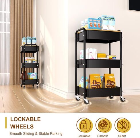 3 Tier Metal Utility Cart, Rolling Storage Cart with Wooden Tabletop, Metal Organizer Cart with Lockable Wheels for Office, Bedroom, Kitchen and Living Room (White) in Saudi Arabia