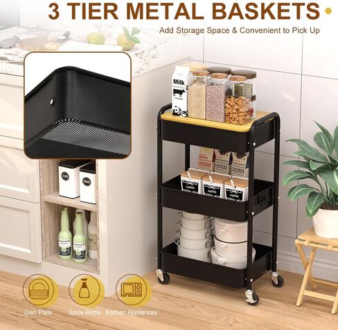3 Tier Metal Utility Cart, Rolling Storage Cart with Wooden Tabletop, Metal Organizer Cart with Lockable Wheels for Office, Bedroom, Kitchen and Living Room (White) in Saudi Arabia