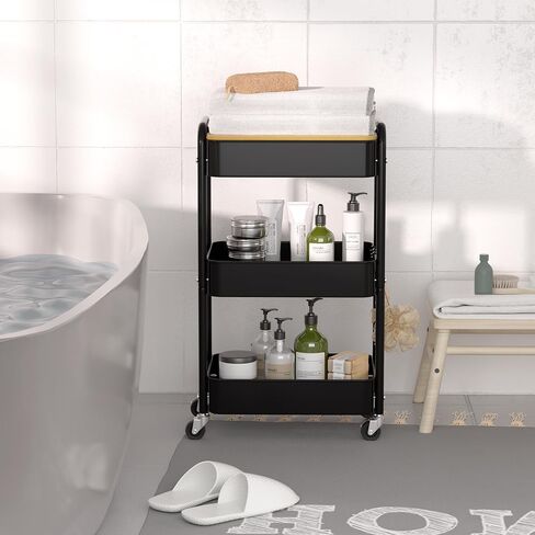 3 Tier Metal Utility Cart, Rolling Storage Cart with Wooden Tabletop, Metal Organizer Cart with Lockable Wheels for Office, Bedroom, Kitchen and Living Room (White) in Saudi Arabia