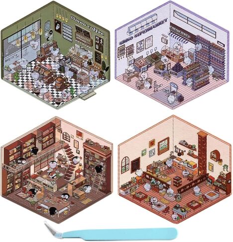 DIY 3D House Stickers, 4 Sets 3D Sticker Scene Miniature Scene Stickers, Cute 3D Korean Cartoon Scene Sticker for Adults Kids, Make Your Own Stickers, Fun Room Sticker Book in Saudi Arabia
