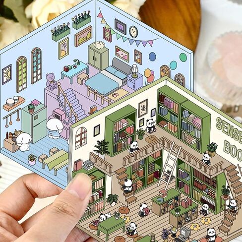 DIY 3D House Stickers, 4 Sets 3D Sticker Scene Miniature Scene Stickers, Cute 3D Korean Cartoon Scene Sticker for Adults Kids, Make Your Own Stickers, Fun Room Sticker Book in Saudi Arabia