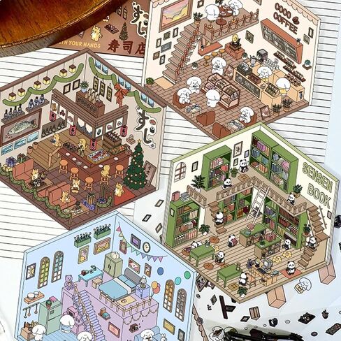 DIY 3D House Stickers, 4 Sets 3D Sticker Scene Miniature Scene Stickers, Cute 3D Korean Cartoon Scene Sticker for Adults Kids, Make Your Own Stickers, Fun Room Sticker Book in Saudi Arabia