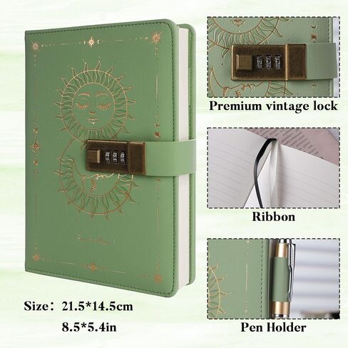 TIEFOSSI Diary with Lock, Sun & Moon Journal with Lock for Women Men, A5 Refillable Notebook with Lock for Writing, 224 Numbered Pages in Saudi Arabia