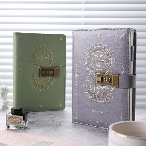 TIEFOSSI Diary with Lock, Sun & Moon Journal with Lock for Women Men, A5 Refillable Notebook with Lock for Writing, 224 Numbered Pages in Saudi Arabia